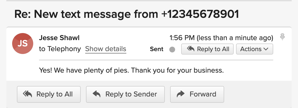 image of the reply email that was sent back to app dot telephony dot cc